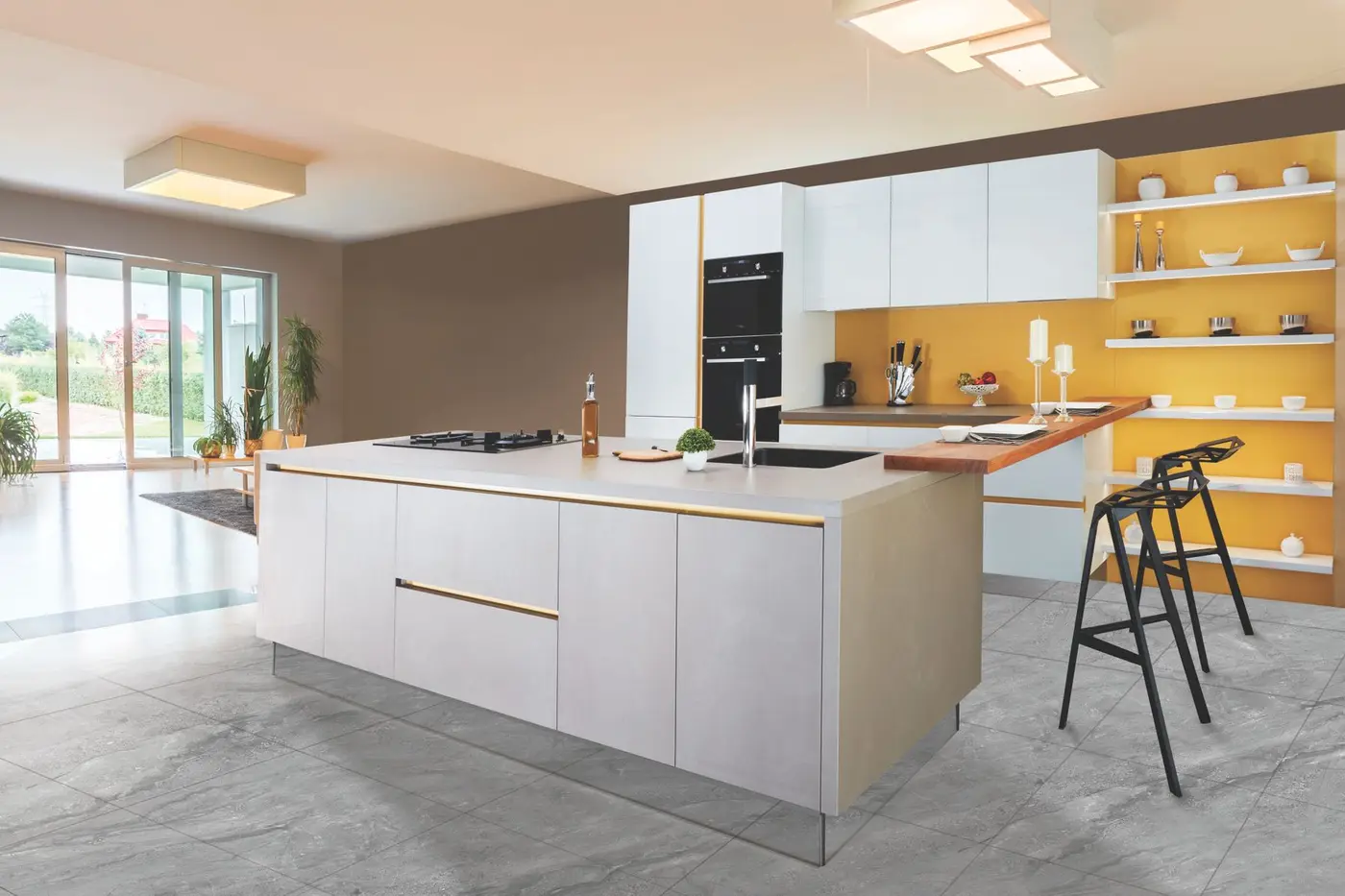 Cabinet doors with long metal pulls and a timber lip along a counter