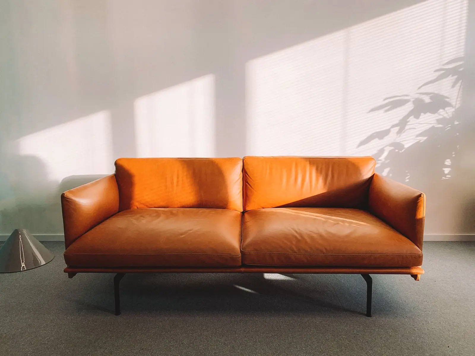 A tan leather sofa in strong window light, with creases on the cushions